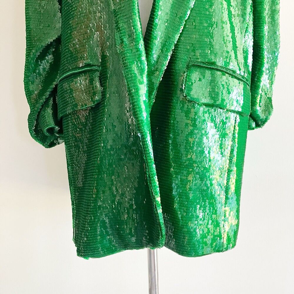 River Island Sequin Blazer Jacket US Size 8 Emerald Green Open Ruched Sleeve - Picture 6 of 7